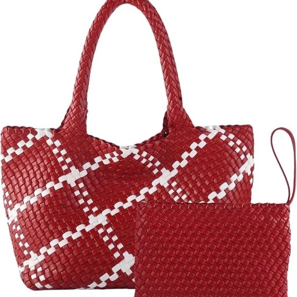 Tote Bag for Women Woven Vegan Leather with Clutch Large Travel Handbag